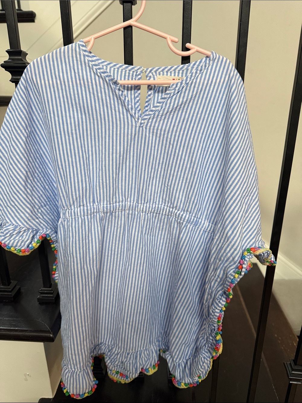 Mini Boden Blue and White Striped Kids Swim Coverup with Multicolor Pom Trim